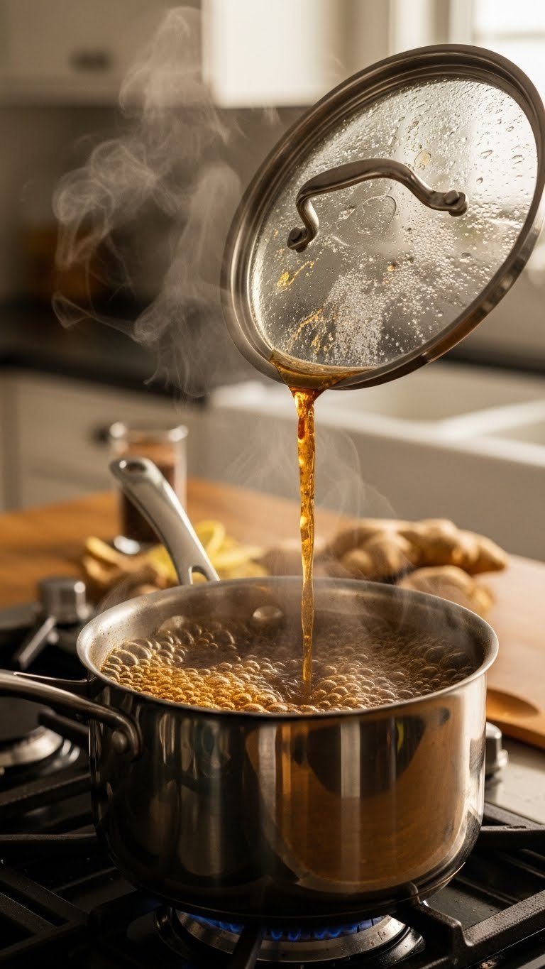 Gingerbread coffee syrup mixture simmering in stainless steel saucepan with steam rising and spices swirling in amber liquid