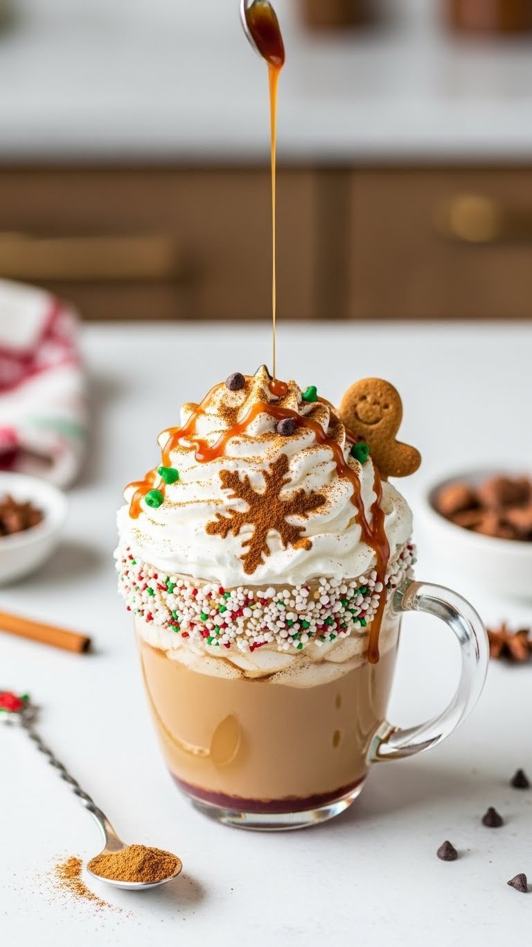 Gingerbread whipped coffee in a clear glass mug with cinnamon stencil, caramel drizzle, and a gingerbread cookie garnish.