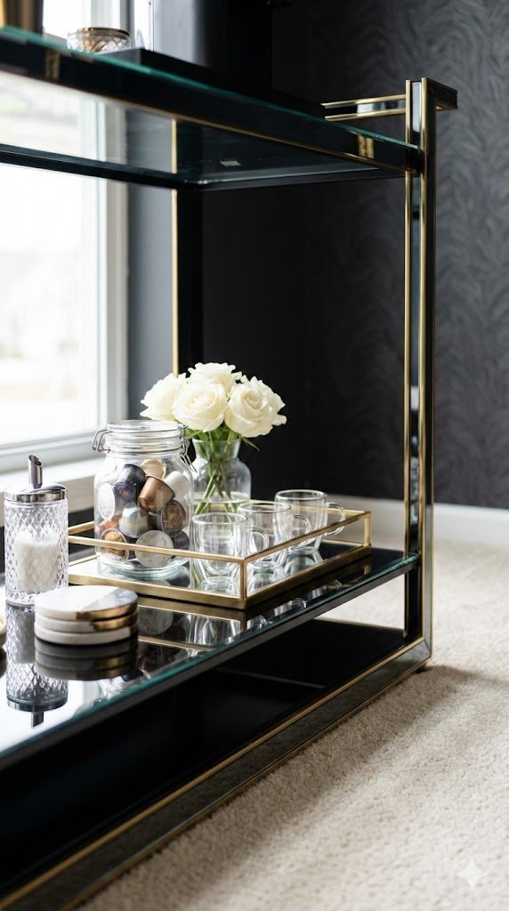 Glam mirrored black beverage cart with gold accents featuring sophisticated coffee glassware and crystal sugar dispenser on marble floor.