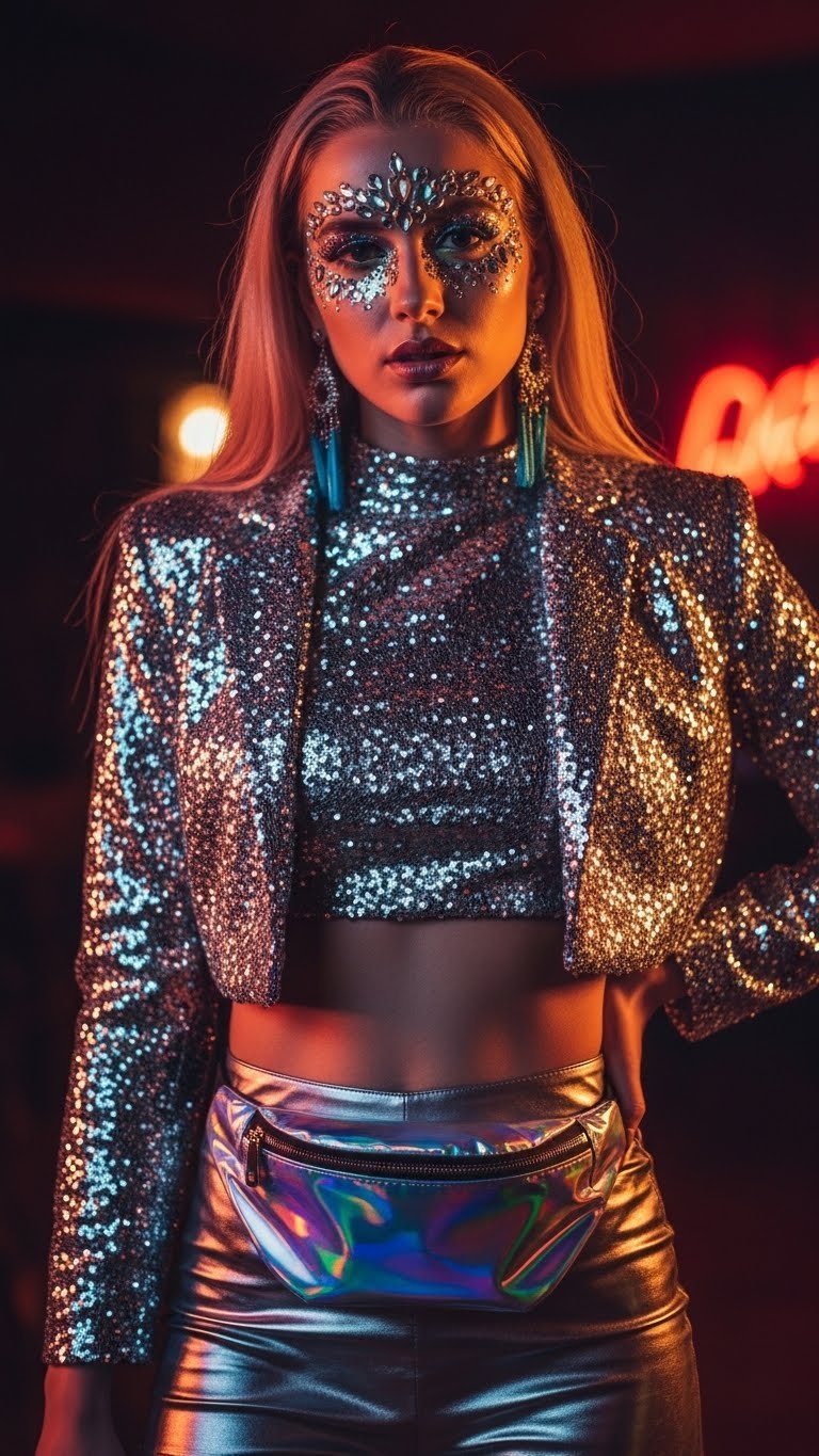 Glam rave ensemble featuring shimmering sequin crop top and metallic shorts with glitter makeup against soft club lighting backdrop
