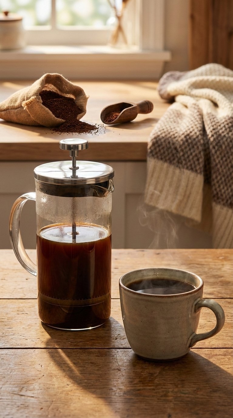 Glass French press with plunger half-pressed next to ceramic mug of rich black coffee on rustic wooden table