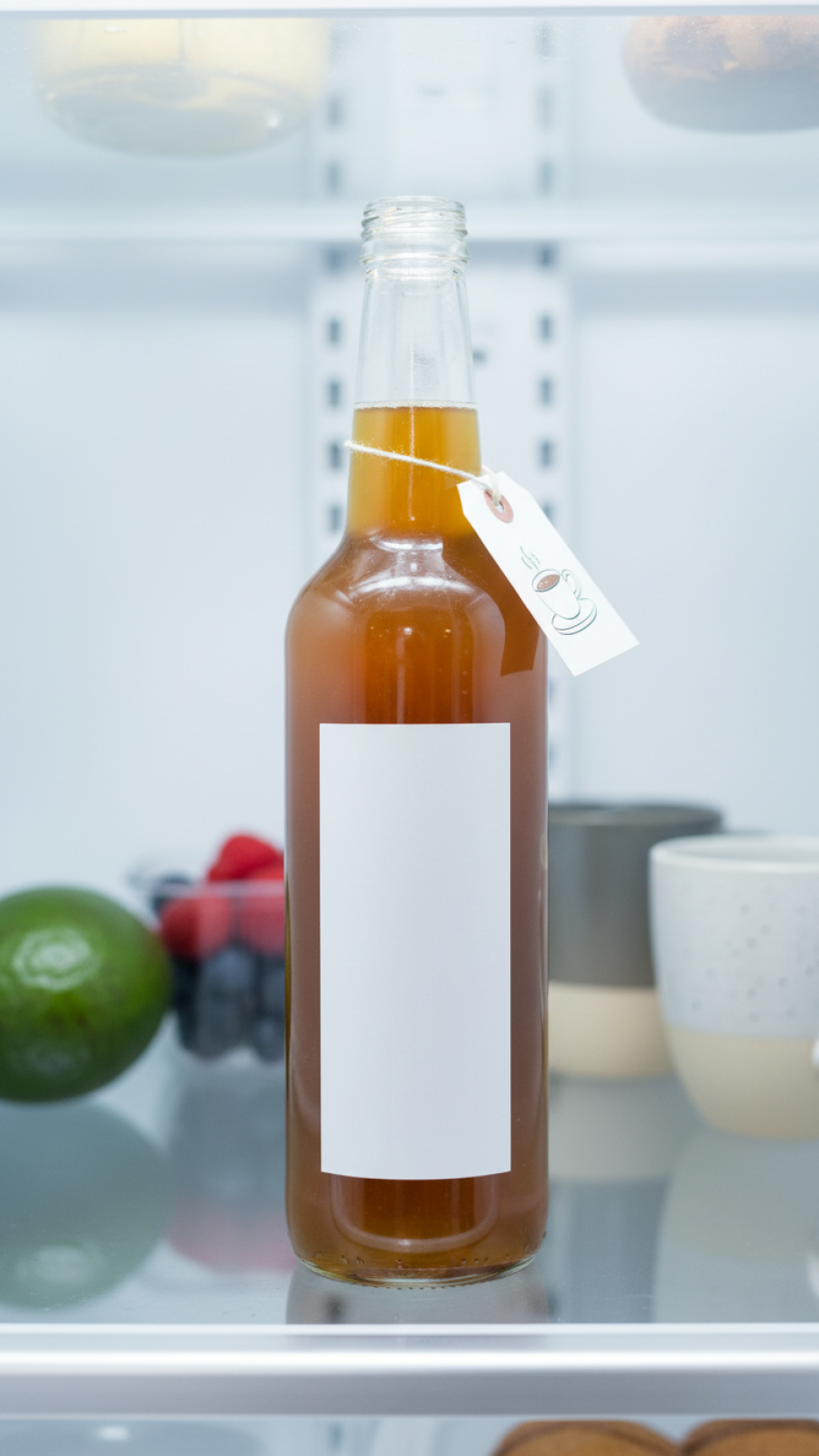 Glass bottle filled with homemade biscoff syrup stored upright on refrigerator shelf with minimalist white label