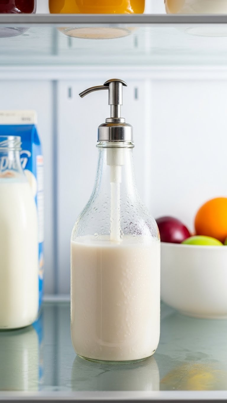 Glass bottle of homemade horchata syrup with pump dispenser stored on refrigerator shelf alongside other food items
