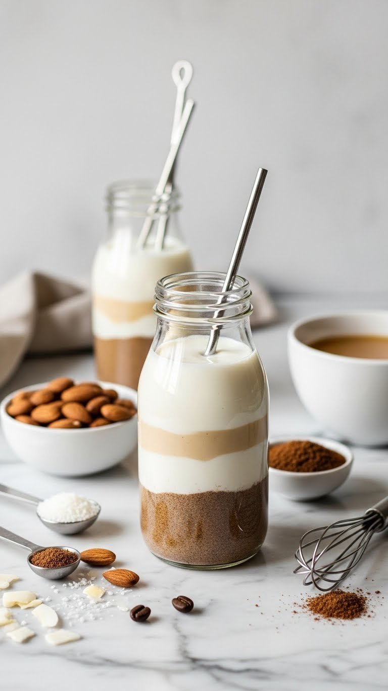 Glass bottle of homemade keto dairy-free coffee creamer with almonds and coconut flakes on marble countertop
