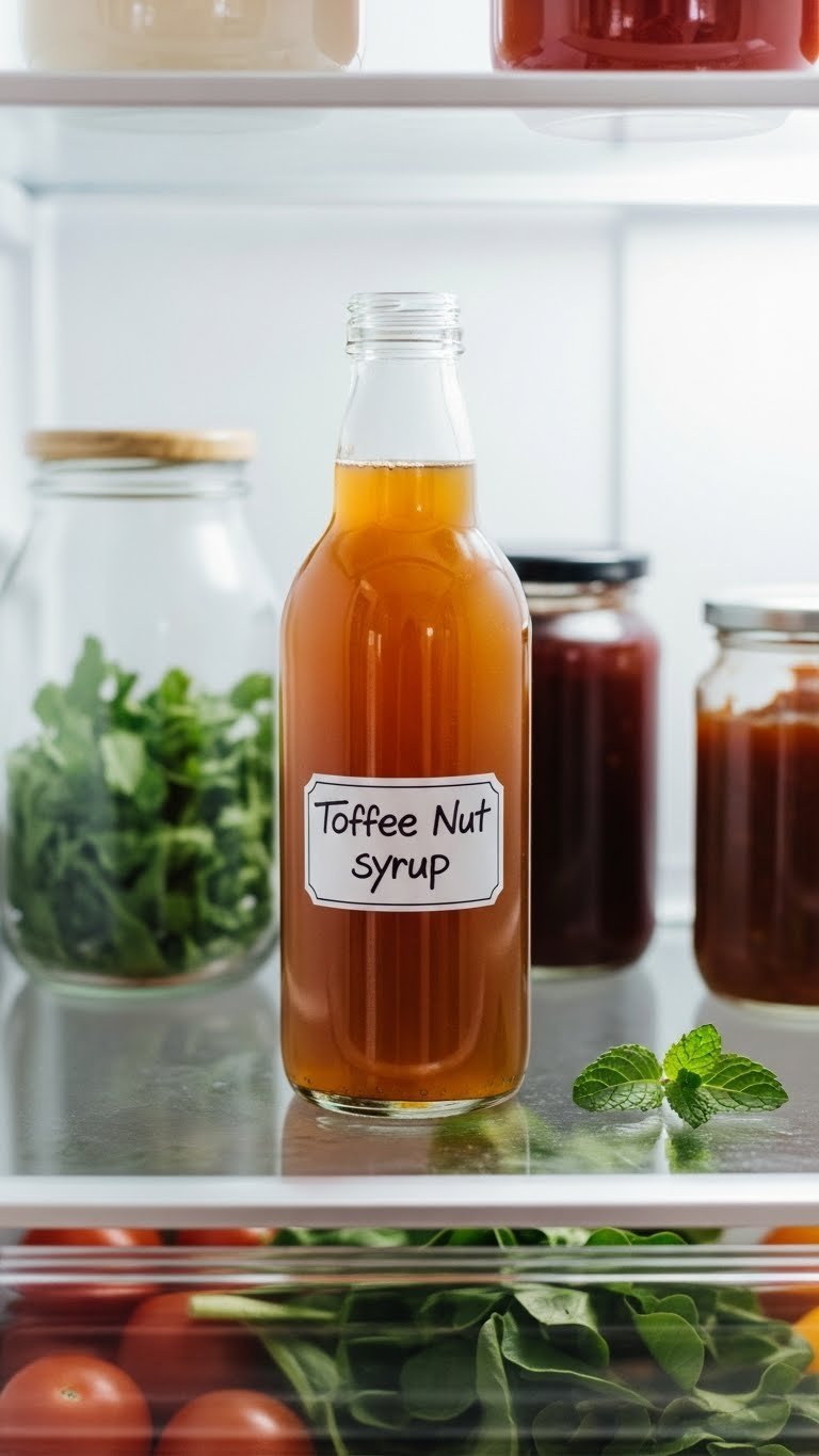 Glass bottle of homemade toffee nut syrup stored in clean organized refrigerator with fresh produce