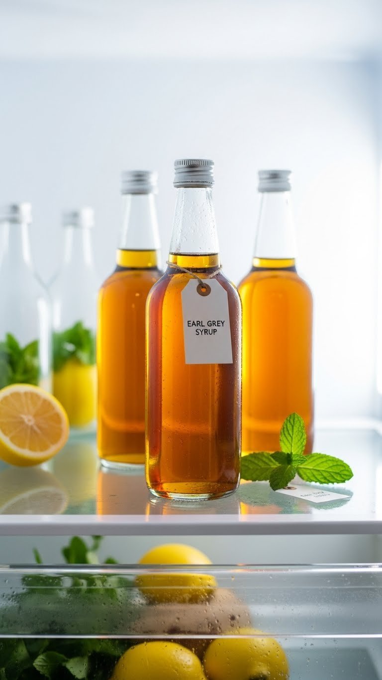 Glass bottles filled with golden Earl Grey syrup organized on refrigerator shelf with subtle condensation