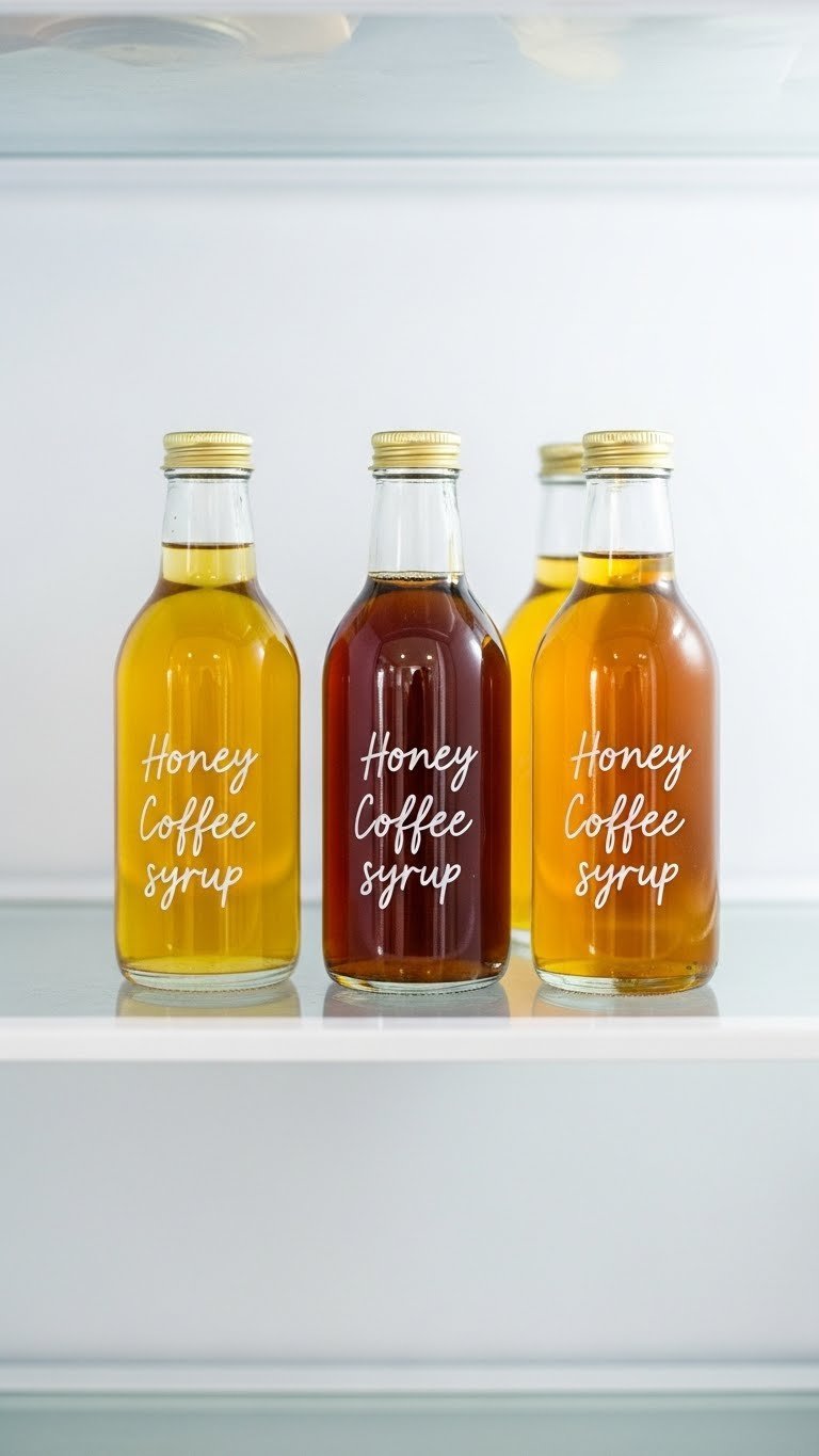 Glass bottles filled with homemade honey coffee syrup organized in clean refrigerator interior