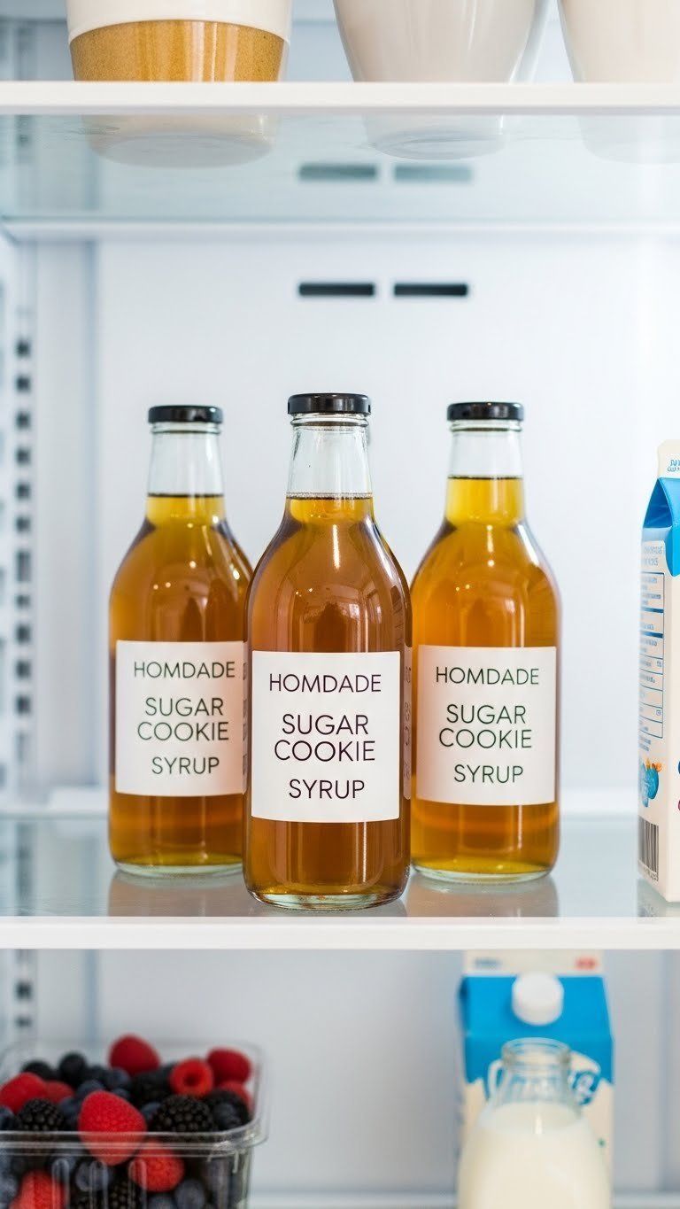Glass bottles of homemade golden syrup neatly organized in refrigerator door with clean minimalist labels.