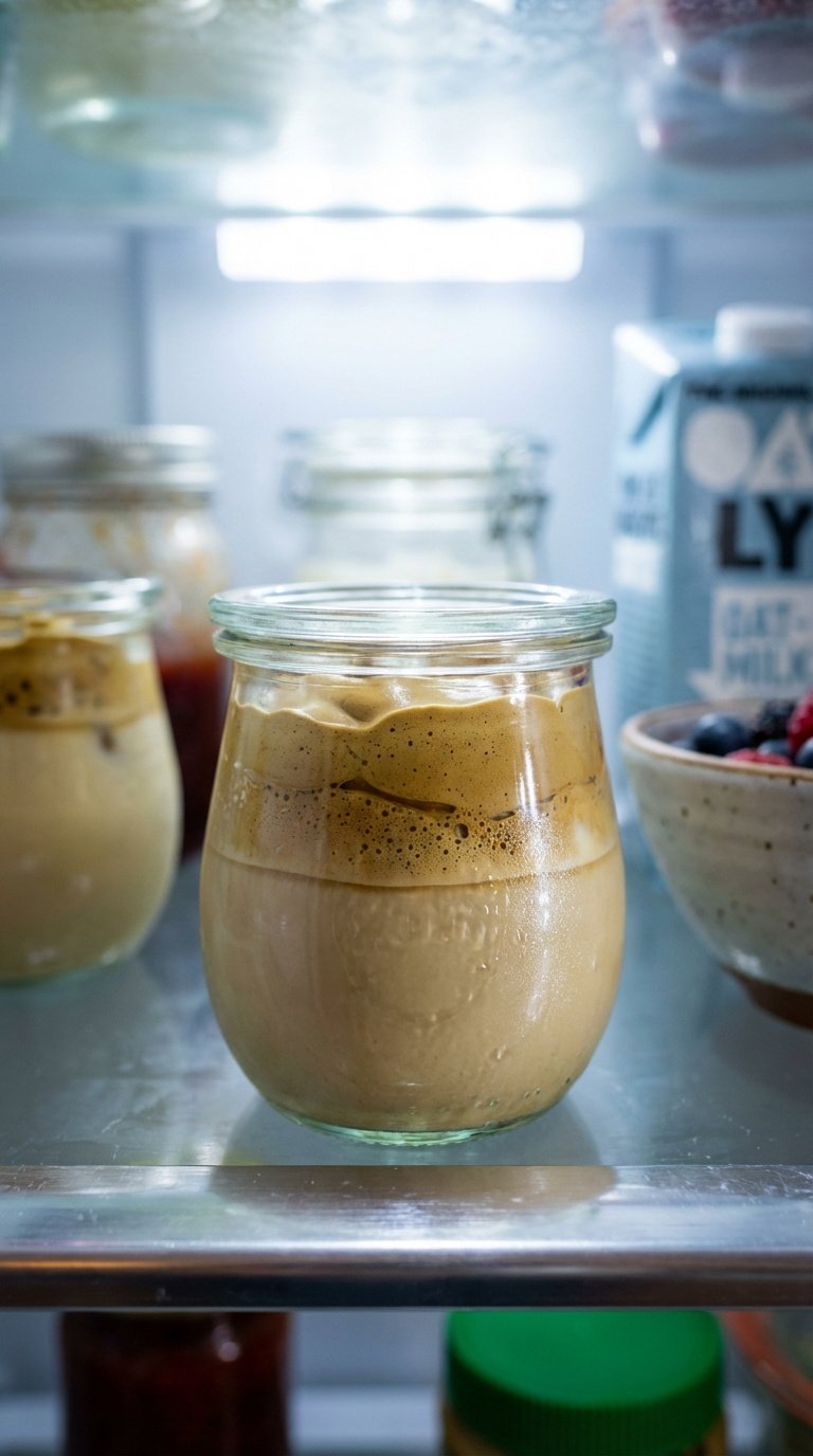 Keto Whipped Coffee Recipe: Perfect Fluffy Dalgona 13 Glass container of fluffy keto whipped coffee foam stored in refrigerator showing proper storage texture