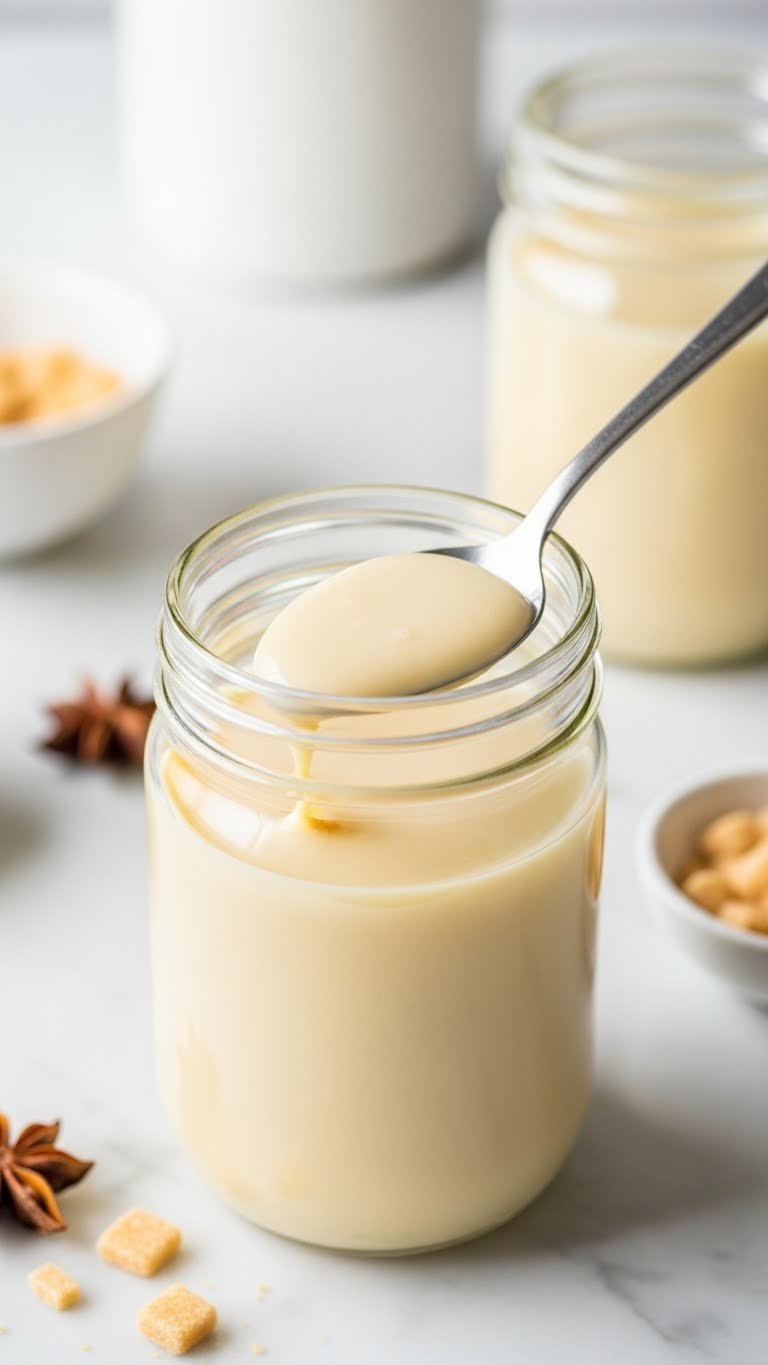 Proven Keto Vietnamese Coffee: 7 Ultimate Recipes for Sips 5 Glass jar of homemade sugar-free condensed milk with creamy pale-yellow texture and spoon on marble countertop.