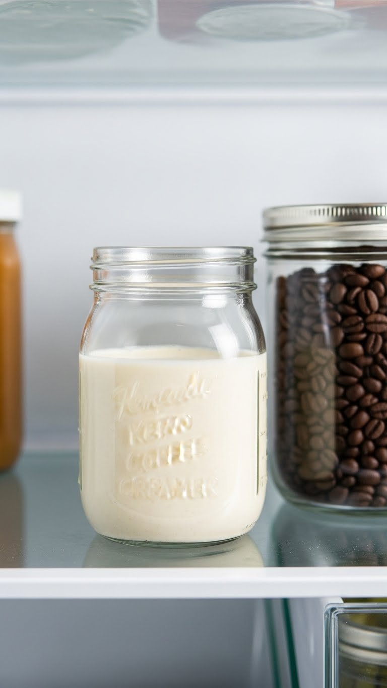 Glass jar of homemade vegan keto coffee creamer stored in refrigerator with coffee beans