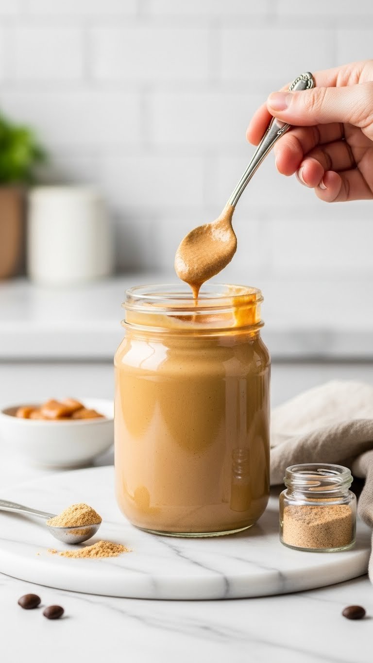 Glass jar of thick keto salted caramel coffee creamer with spoon dipping into velvety surface