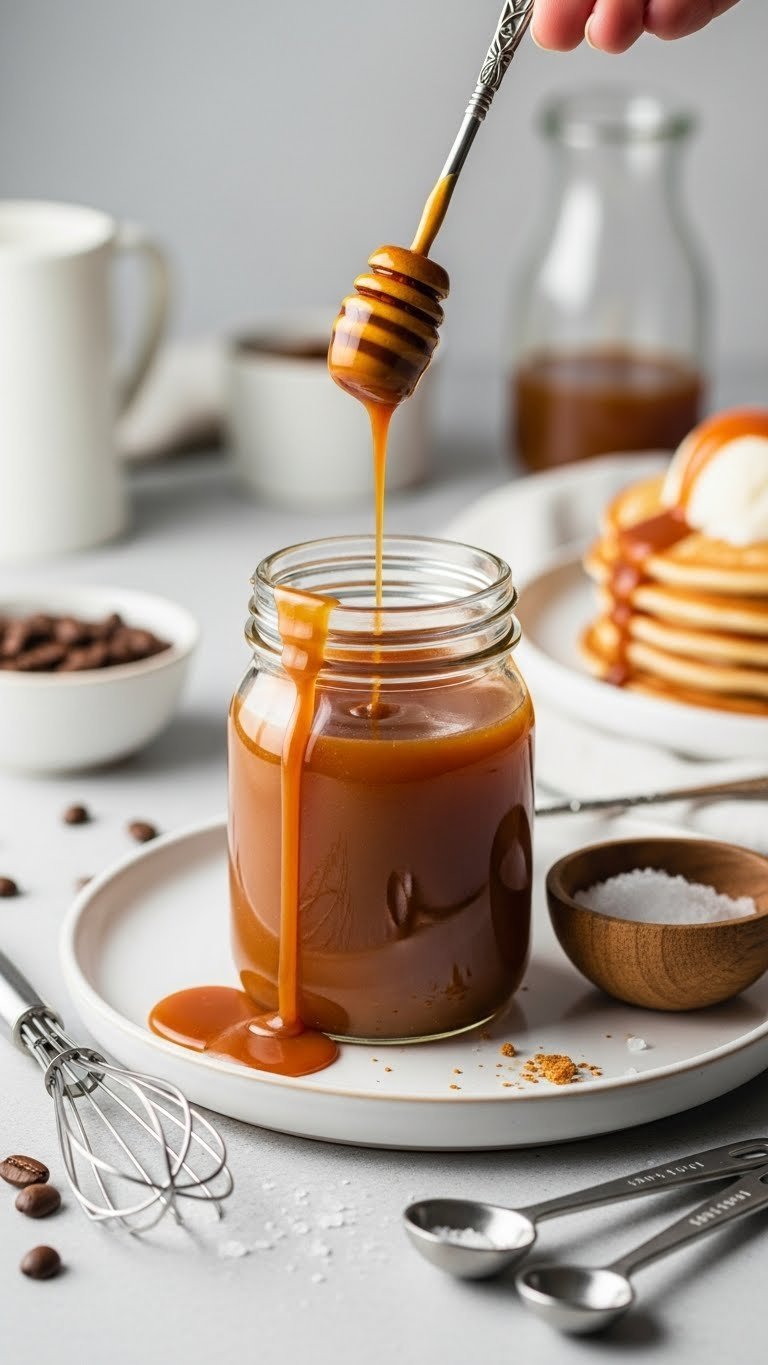 Glass jar overflowing with golden-brown caramel coffee syrup drizzled over fluffy pancakes with sea salt flakes nearby