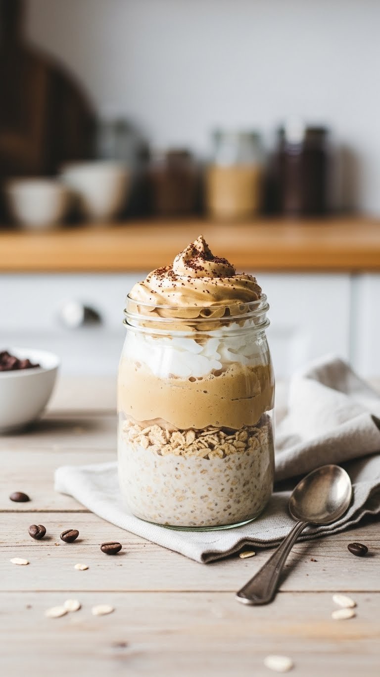 Essential Whipped Coffee Overnight Oats for Busy Mornings 1 Glass jar with layered whipped coffee overnight oats topped with cocoa powder on rustic wooden kitchen counter