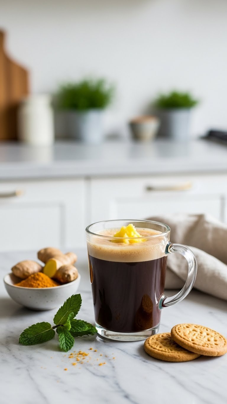 Glass mug of frothy black coffee with ghee on marble countertop beside turmeric bowl and fresh mint sprig