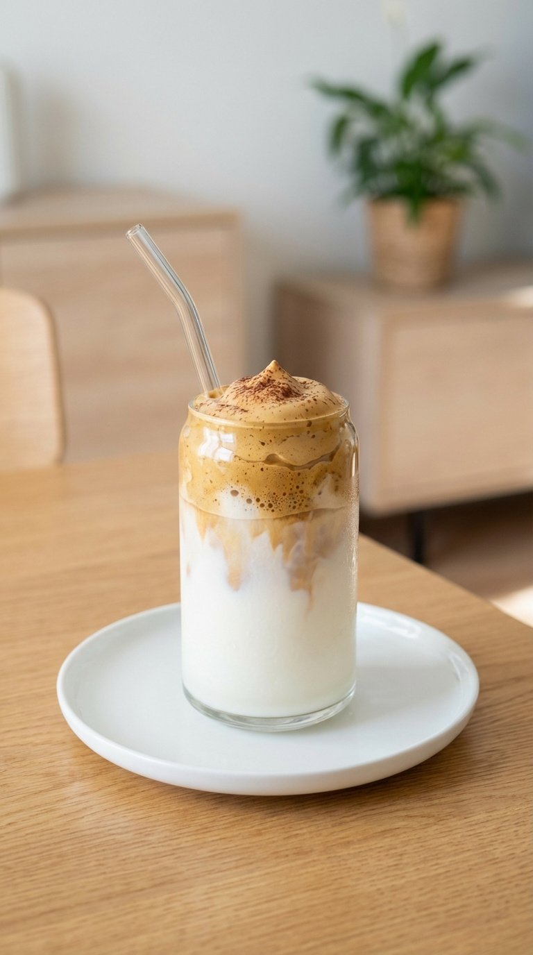 Glass of frozen whipped coffee with milk layer and cocoa powder garnish on white plate