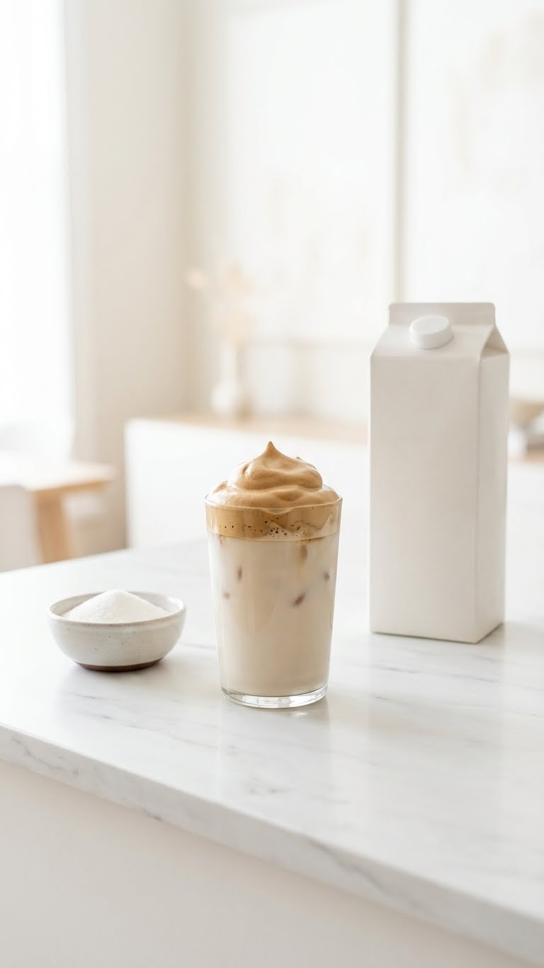 Whipped Coffee Recipe Proven 3 Ingredient Method For Beginners 5 Glass of iced almond milk with keto whipped coffee foam on white marble countertop with monk fruit sweetener nearby.