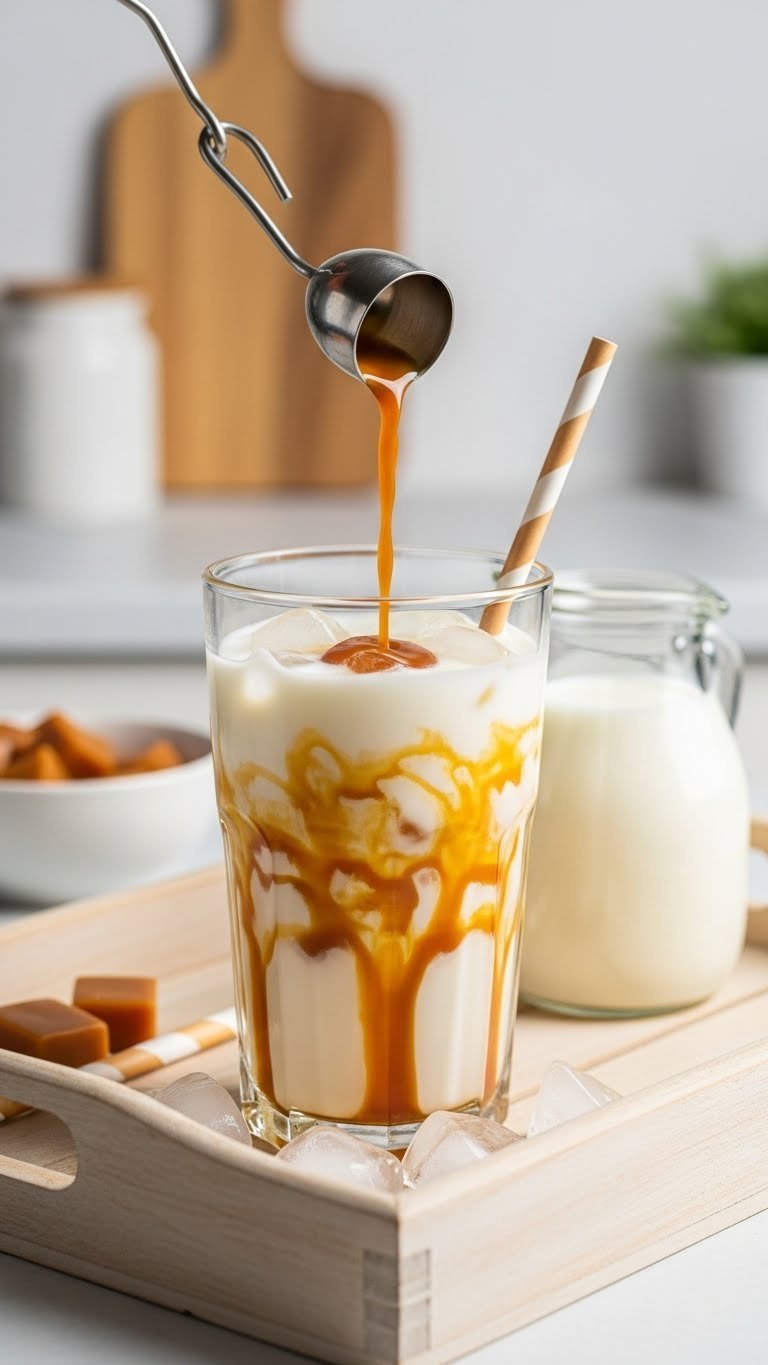 Whipped Coffee Caramel: Ultimate Recipe for Perfect Foam 5 Glass of milk with caramel syrup swirled inside, presented on a light wooden serving tray.