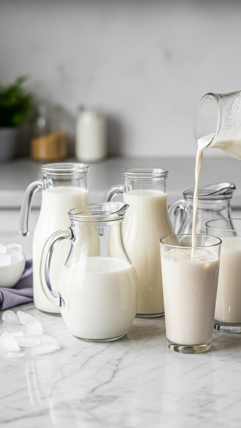 Homemade Lavender Whipped Coffee: 7 Easy Tips for Perfect Cream 9 Glass pitcher of cold milks (oat, almond) with a tall glass for lavender whipped coffee or iced lattes.