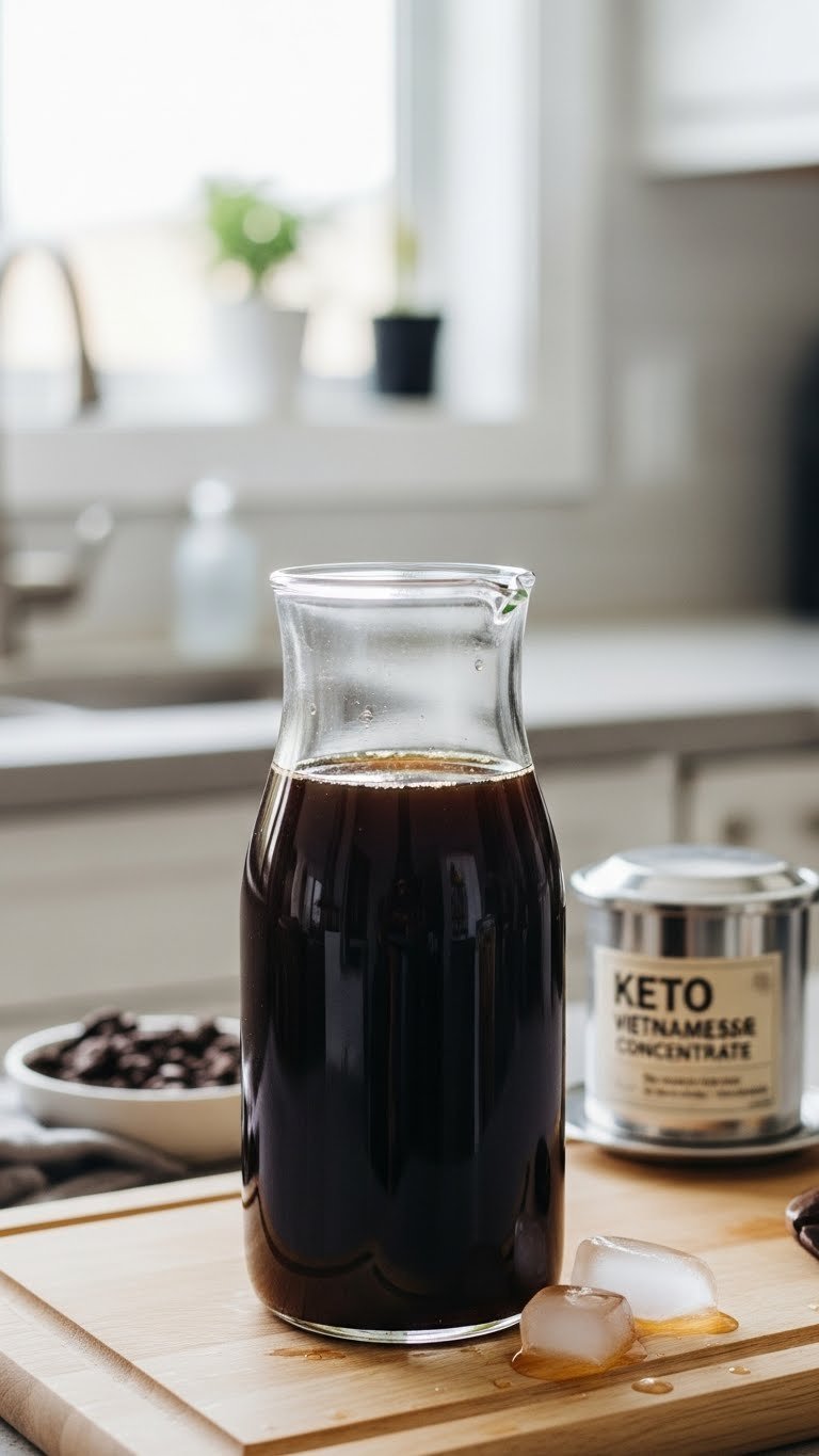 Proven Keto Vietnamese Coffee: 7 Ultimate Recipes for Sips 11 Glass pitcher of keto Vietnamese coffee concentrate with rich dark liquid and coffee beans on wooden cutting board.