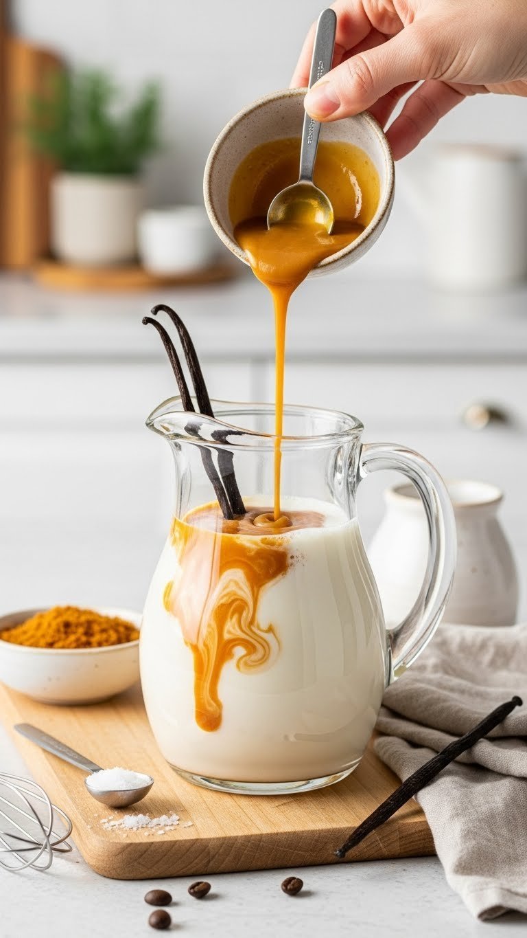 Glass pitcher with keto salted caramel coffee creamer being infused with caramel base and sea salt