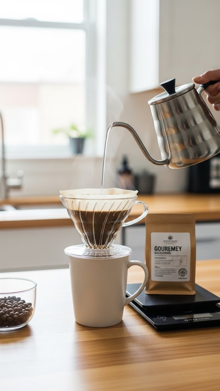 Glass pour-over coffee dripper set on matching ceramic mug during brewing process on light wooden countertop.