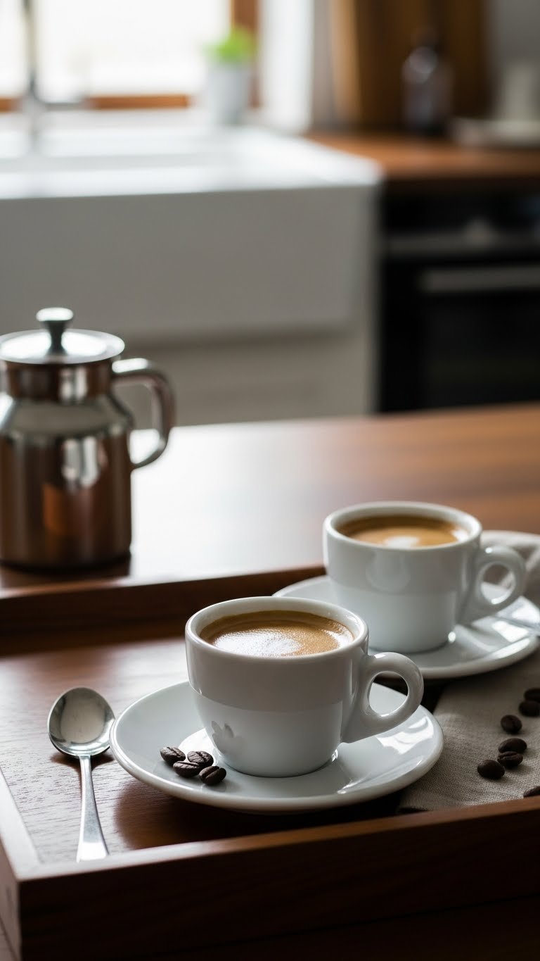 Gleaming ceramic espresso cup set with matching saucers filled with dark espresso on polished wooden tray.