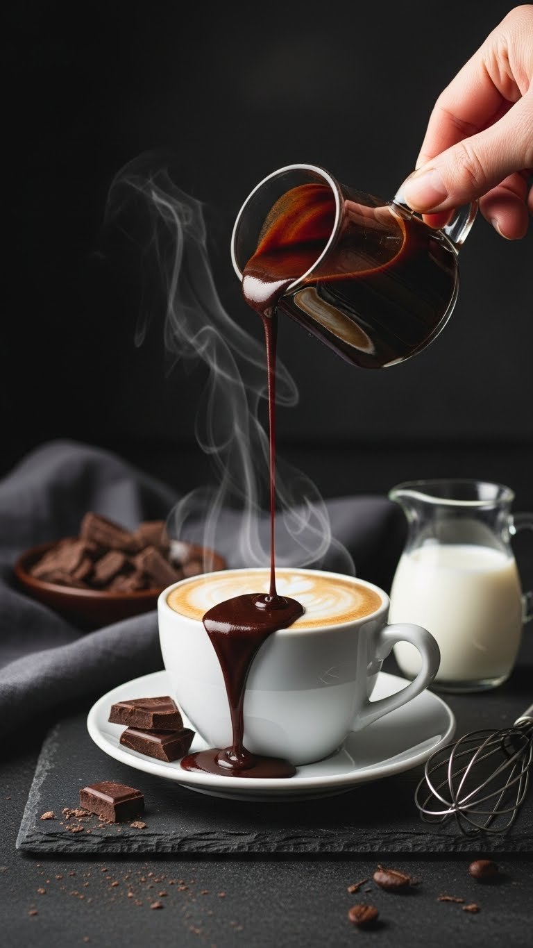 Glossy dark chocolate coffee syrup drizzling over steaming coffee cup on dark slate surface with soft natural lighting