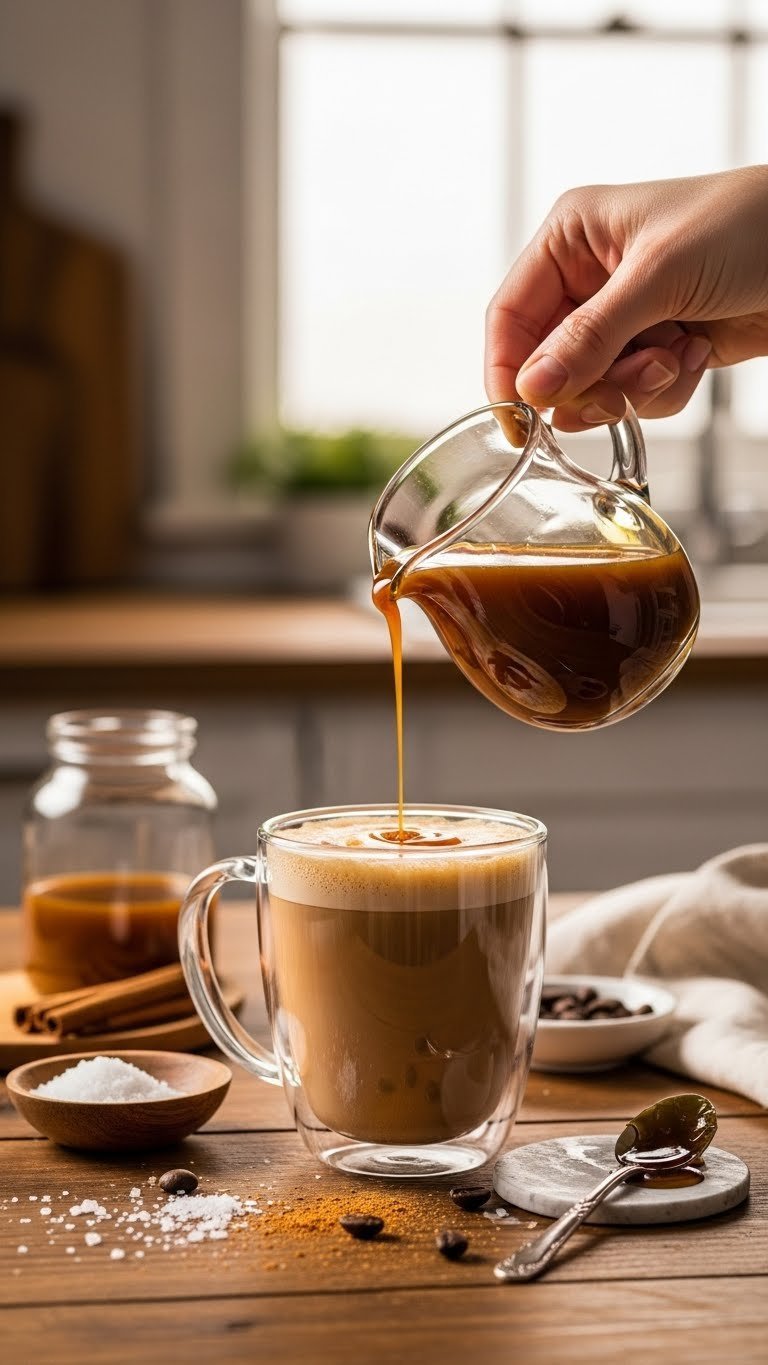 Glossy deep golden-brown salted caramel spice syrup drizzling over frothy coffee drink in clear mug