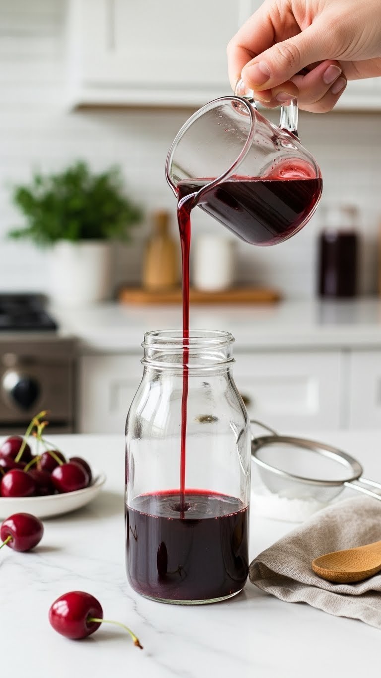 Glossy homemade cherry coffee syrup being poured from glass pitcher into storage bottle on marble countertop with fresh cherries