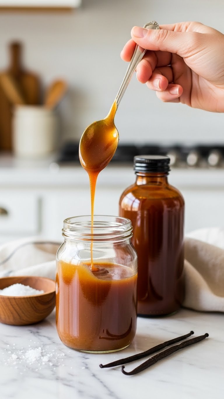 Glossy salted caramel sauce dripping from spoon into glass jar on marble countertop with sea salt flakes and vanilla bean