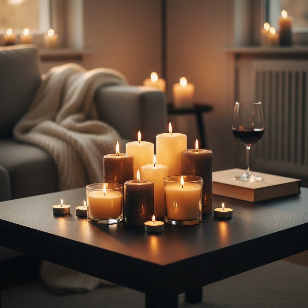 Glowing scented candles in varying heights creating cozy atmosphere on polished black coffee table during golden hour