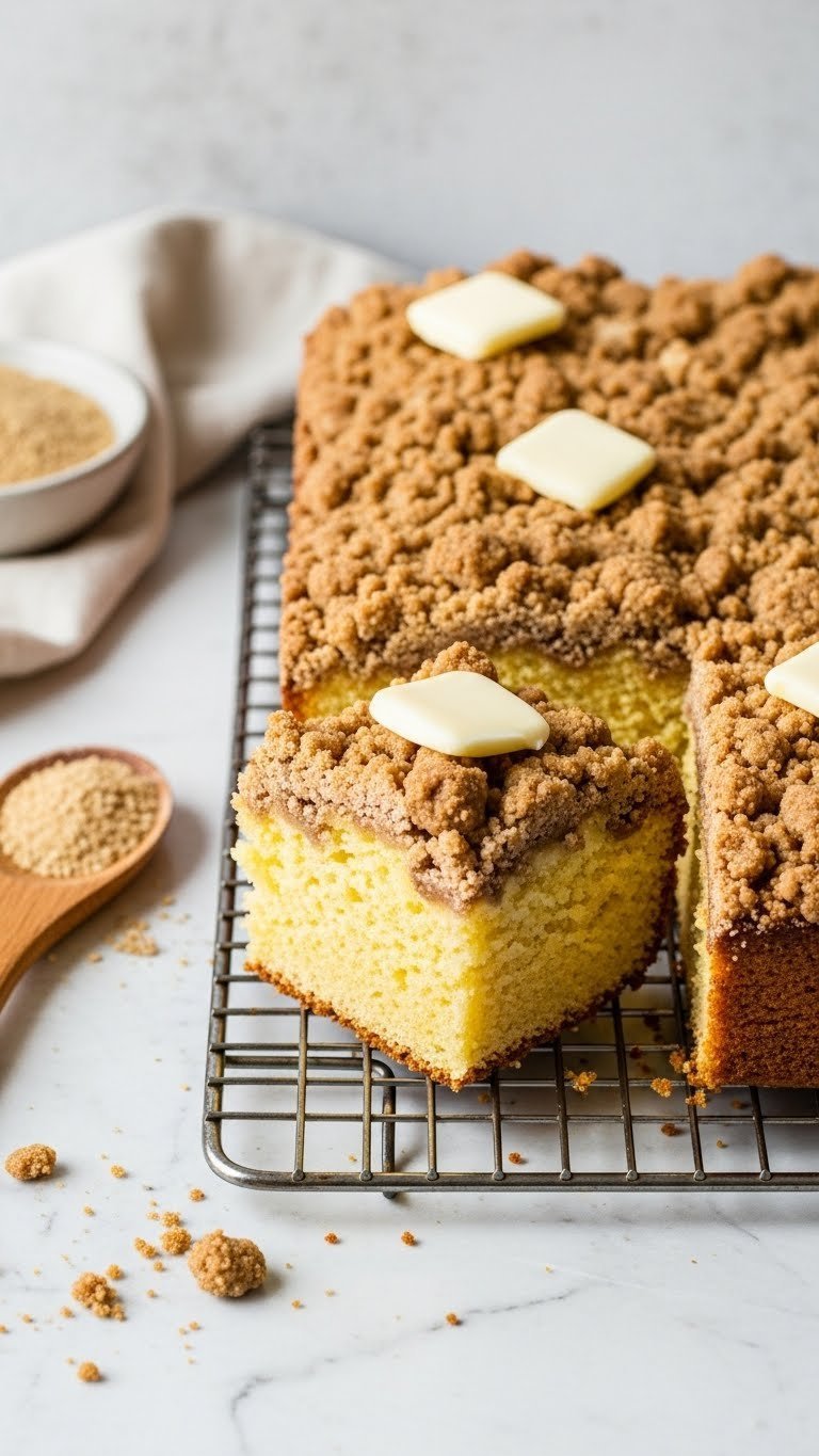 Gluten-free protein coffee cake with thick, buttery crumble topping and moist crumb on a cooling rack. Healthy dessert.