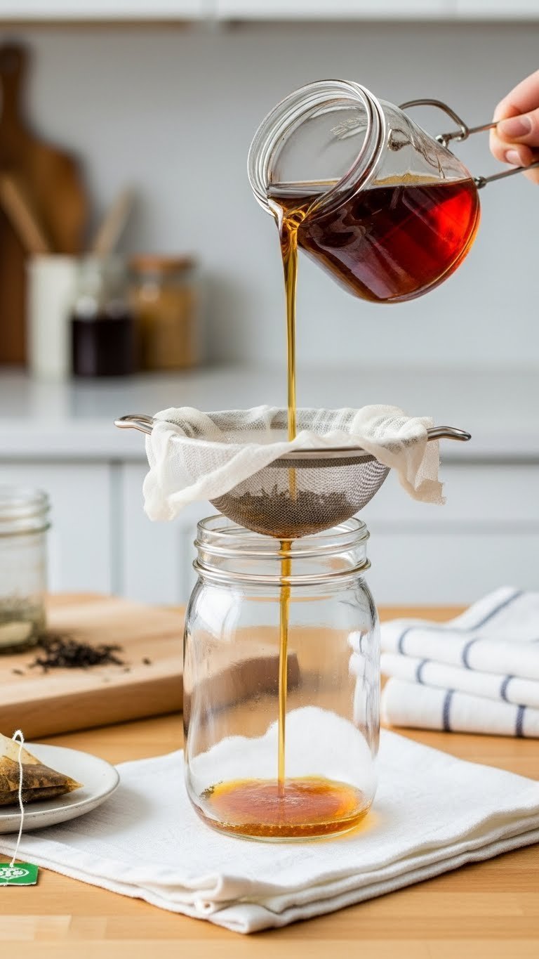 Golden Earl Grey syrup pouring through fine-mesh strainer into clear glass mason jar with visible tea leaves