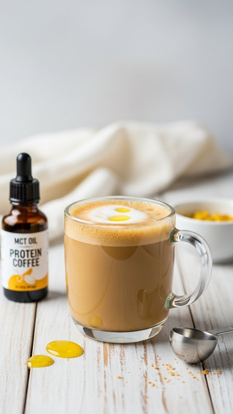 Make Keto Protein Coffee: 7 Delicious, Easy Recipes for Energy 7 Golden MCT oil keto protein coffee with light foam in a glass mug on a wooden table, emphasizing functional energy and clarity.
