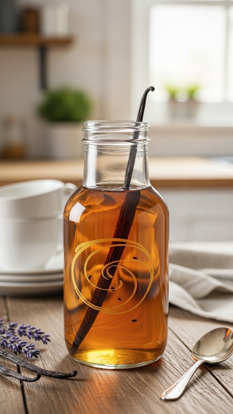 Golden amber vanilla bean coffee syrup in elegant glass bottle with visible vanilla pod on rustic wooden table in soft natural light