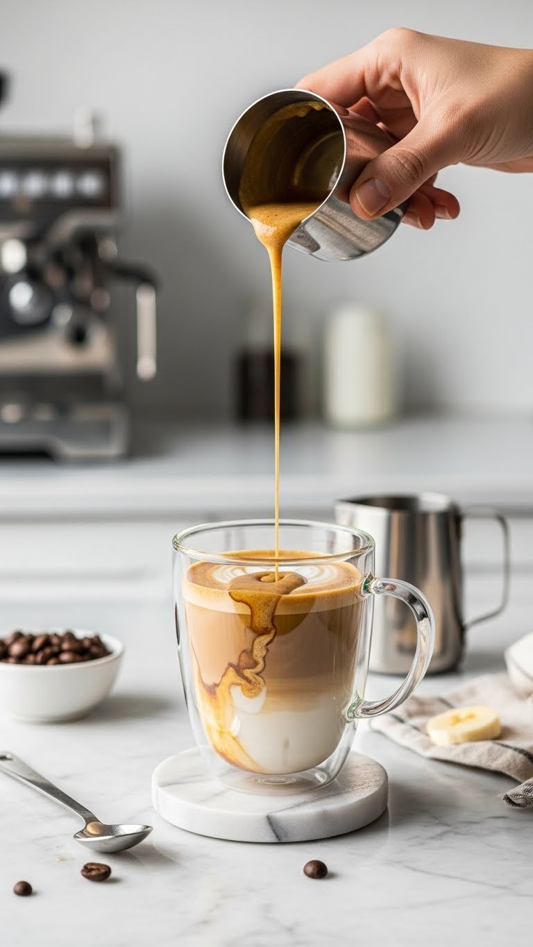 Golden banana syrup being drizzled into clear glass mug for latte preparation with coffee beans nearby