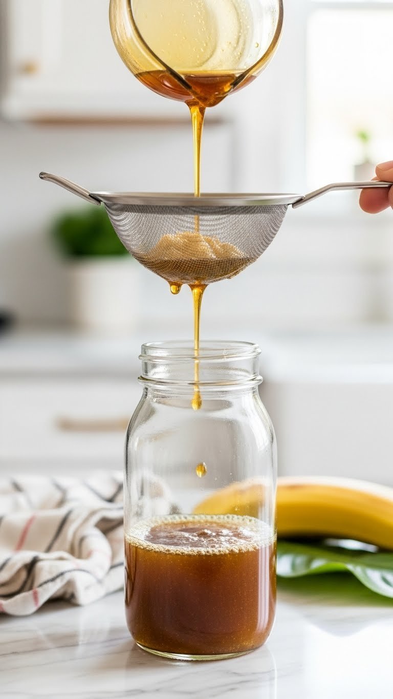 Golden-brown banana coffee syrup straining through fine-mesh sieve into clear glass jar on marble countertop