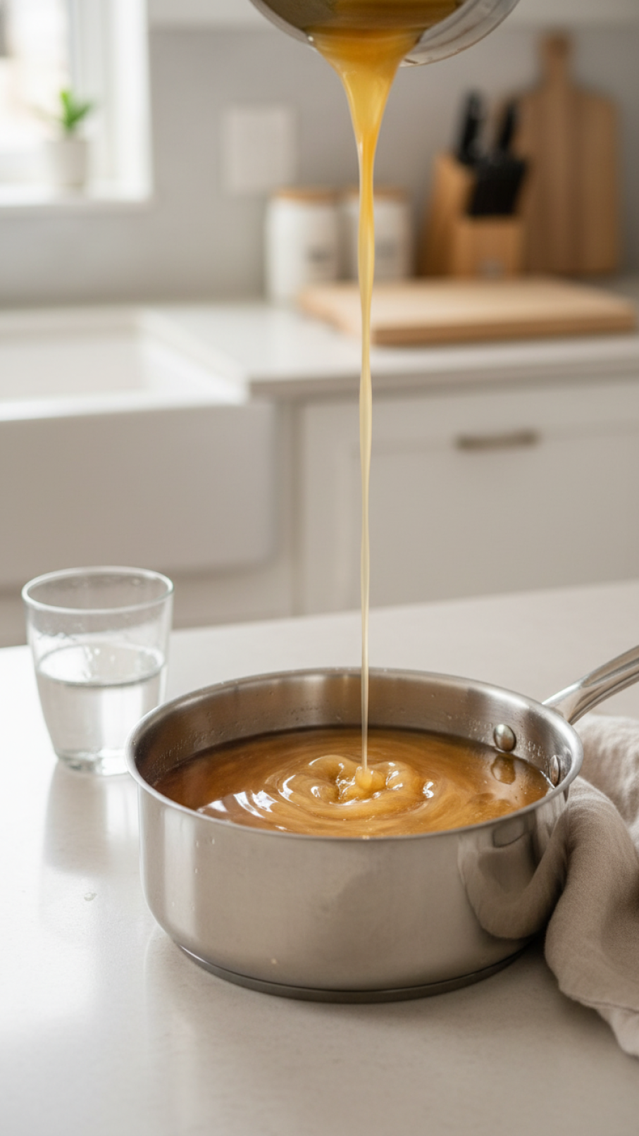 Golden brown butter being poured into clear simple syrup creating marbling effect in saucepan with natural window lighting.