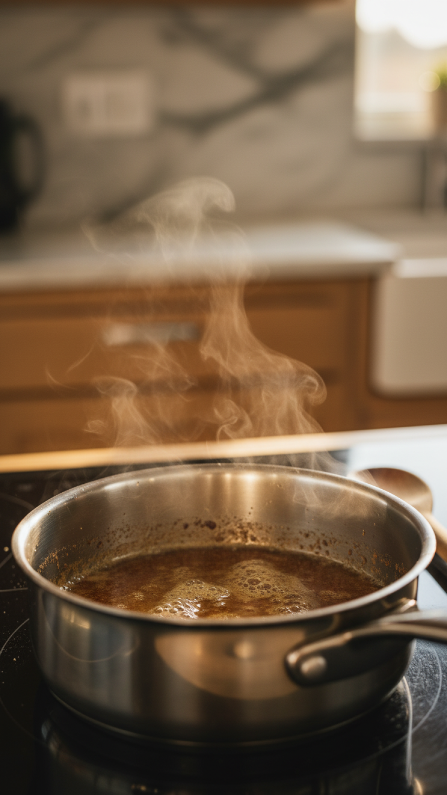 Golden brown butter sizzling in a stainless steel saucepan with toasted milk solids creating fragrant steam in warm kitchen lighting.