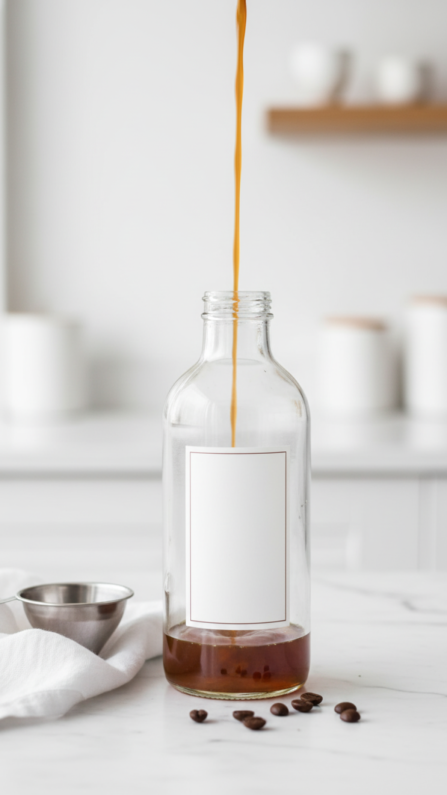 Golden-brown butterscotch coffee syrup being poured into clean glass bottle on marble countertop for storage
