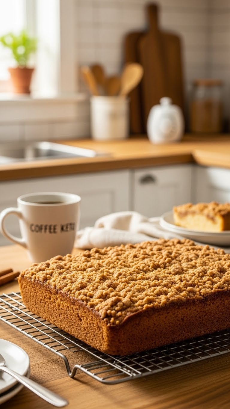 Golden brown keto coffee cake fresh from oven with cinnamon streusel topping on cooling rack