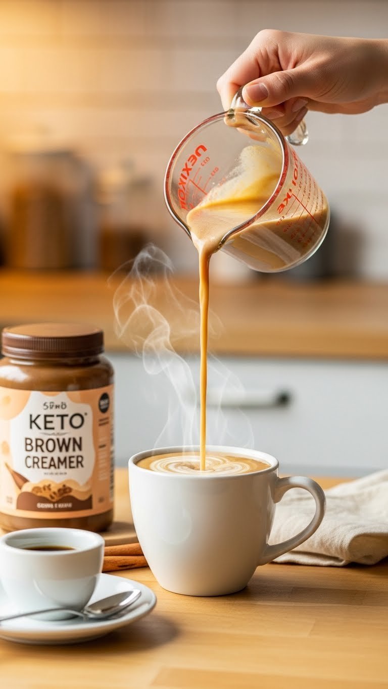 Golden-brown keto coffee creamer being poured from glass measuring cup into steaming mug with soft bokeh background