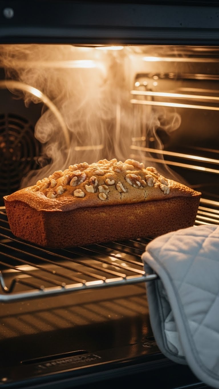 Golden brown keto coffee walnut cake baking in oven with steam rising and toasted walnuts on top in brightly lit interior