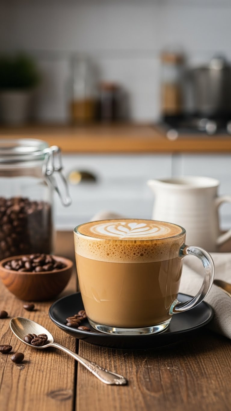 Golden-brown keto coffee with creamy foam in clear glass mug on rustic wooden table with coffee beans