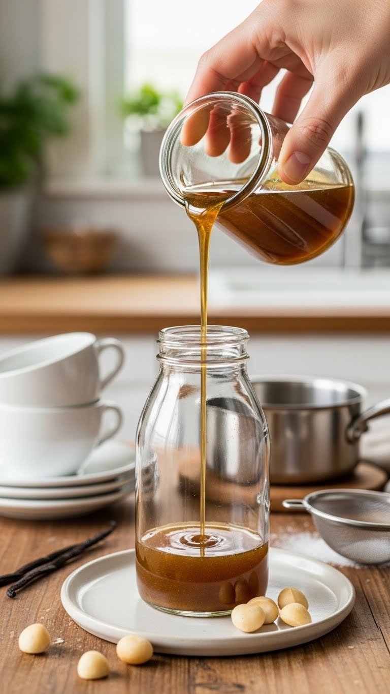 Golden-brown macadamia nut syrup being poured into clear glass bottle on rustic wooden table with scattered nuts and coffee cups in background.