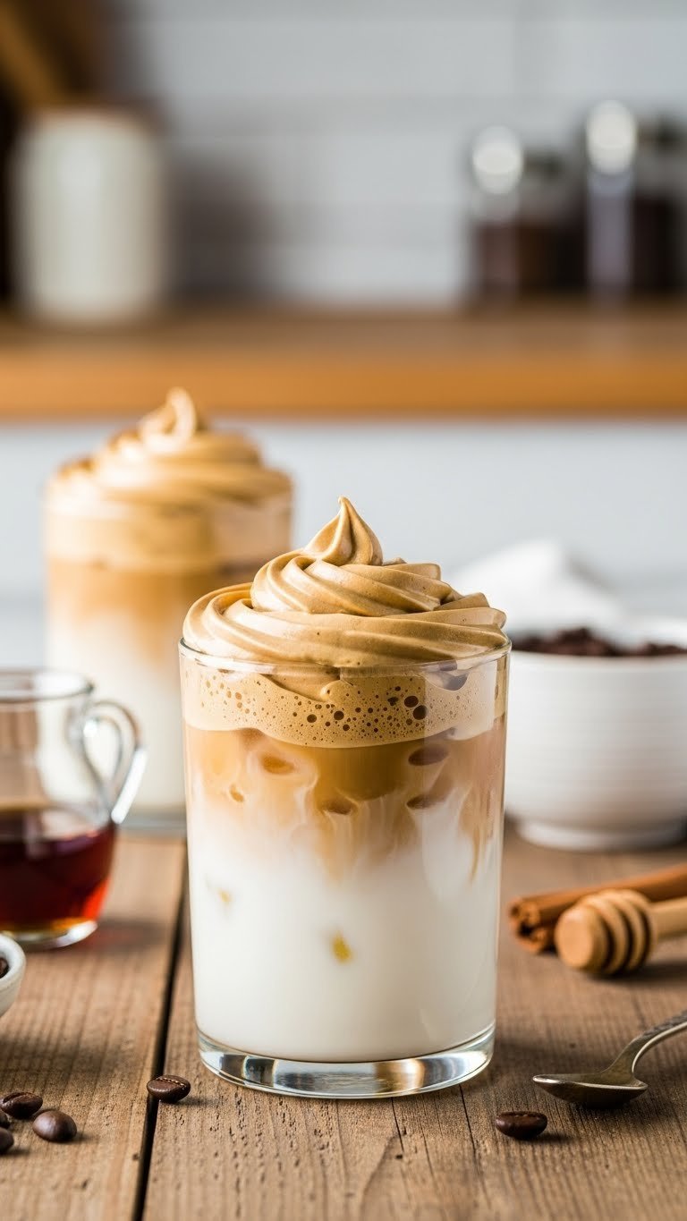 Whipped Coffee Maple Syrup Complete Creamy Recipe Guide 1 Golden-brown maple whipped coffee in a clear glass with fluffy foam layer, iced milk, and rustic wooden table background
