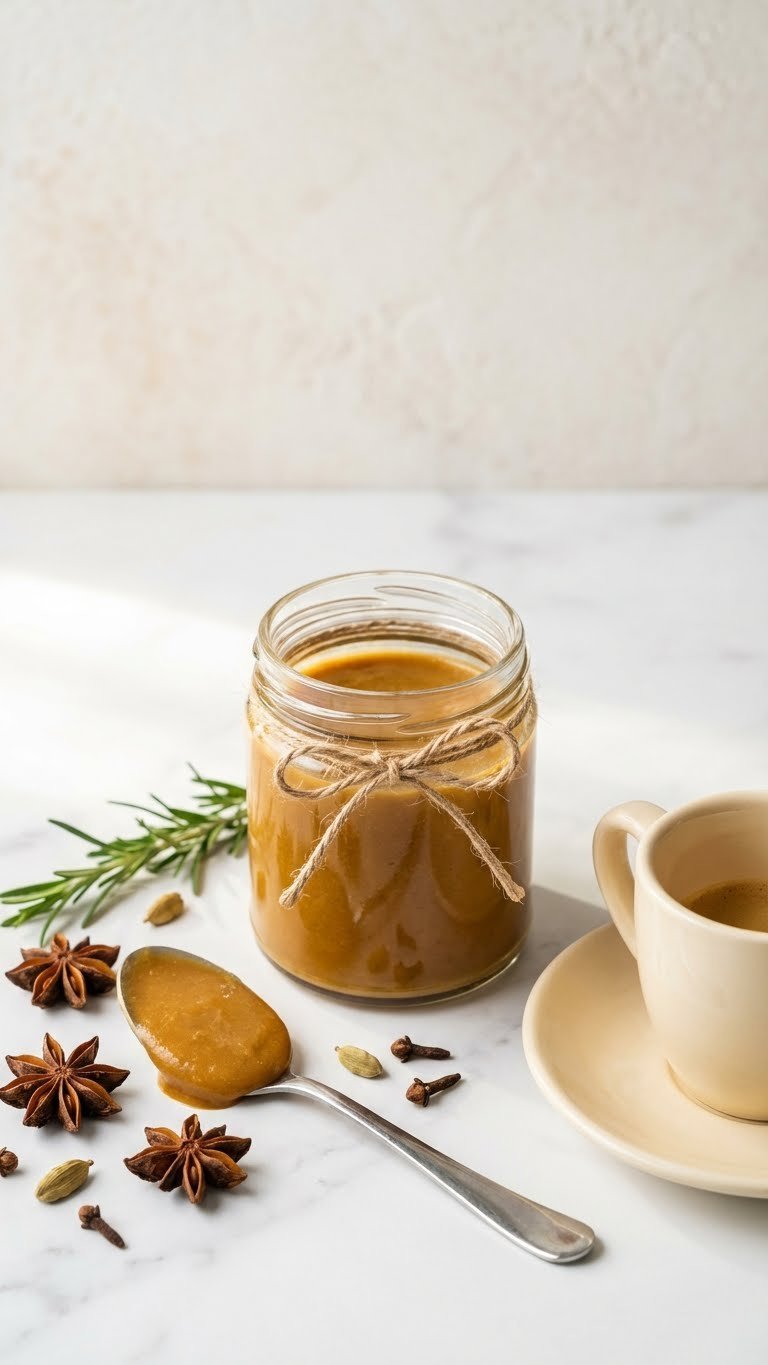 Easy Protein Coffee Creamer: Healthy Recipe for Delicious Mornings 11 Golden-brown spiced caramel protein coffee creamer in a jar, with star anise and a spoon on a marble countertop.