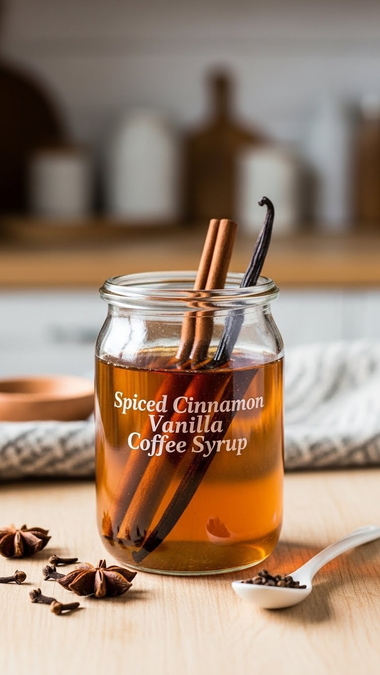 Golden-brown spiced cinnamon vanilla coffee syrup in elegant glass jar with visible cinnamon sticks and vanilla bean