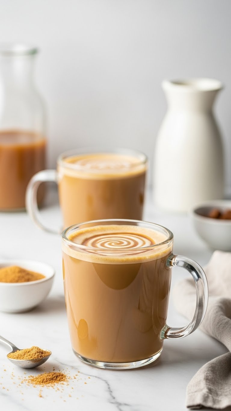 Protein Coffee Caramel: 5 Delicious DIY Recipes to Try 7 Golden-brown sugar-free caramel protein coffee in a minimalist glass mug on a white marble countertop.